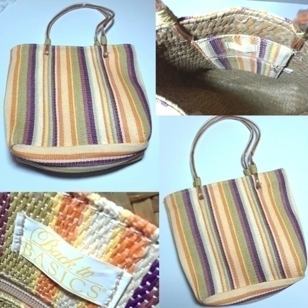Vintage Back To Basics Stripe Straw Small Tote Bag